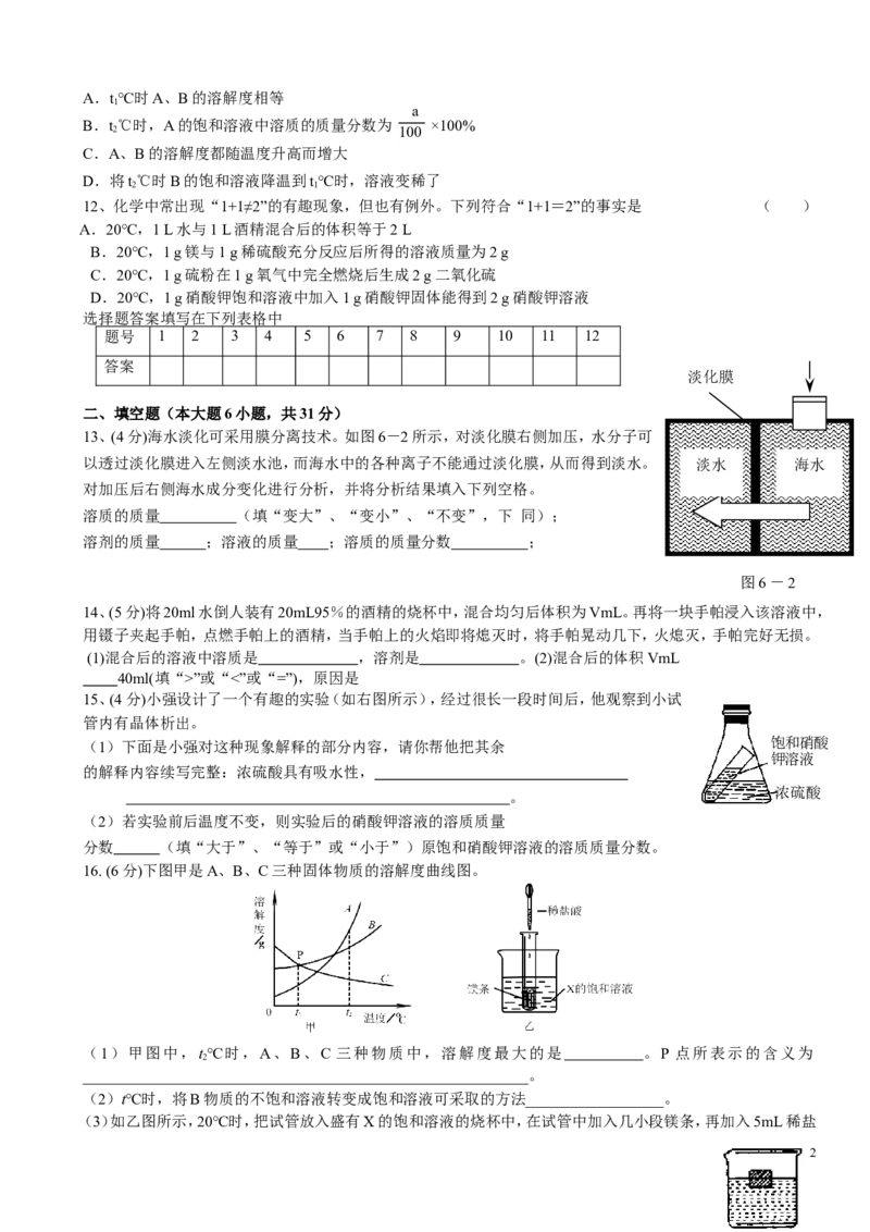 人教版九年级化学下册第9单元++溶液+单元测试题及答案1_初中化学_01.人教版初中化学_01.初中化学课件PPT--教案--试题_初中化学&mdash;课件&mdash;教案&mdash;试题-推荐_9年级下课件教案试题