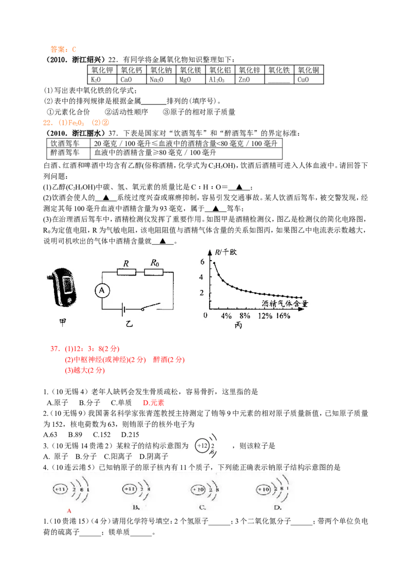 2007-2011五年全国各地中考化学试题分类汇编第四单元物质构成的奥秘_初中化学_01.人教版初中化学_01.初中化学课件PPT--教案--试题_初中化学全套_化学试题