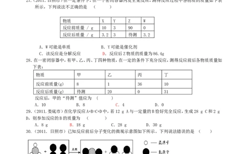2007-2011五年全国各地中考化学试题分类汇编第五单元化学方程式_初中化学_01.人教版初中化学_01.初中化学课件PPT--教案--试题_初中化学全套_化学试题