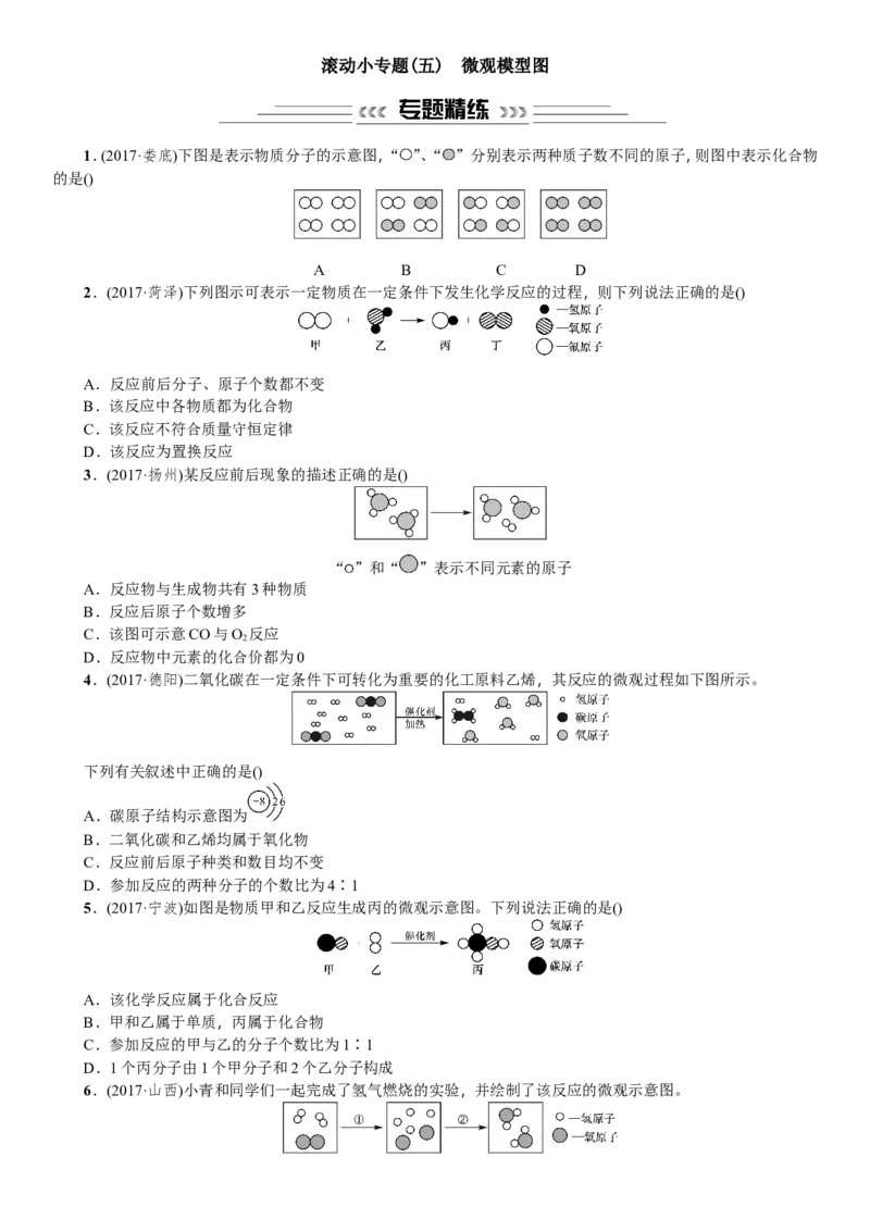 2018年中考化学一轮复习训练：微观模型图_初中化学_01.人教版初中化学_07.初中化学中考总复习_2018年中考化学一轮复习训练