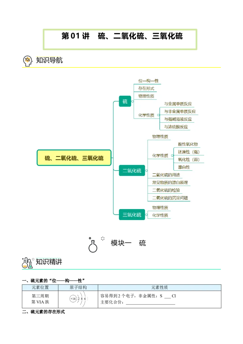 第01讲硫、二氧化硫、三氧化硫（学生版）-精准提分2020-2021学年高一化学必修第二册同步培优（新教材人教版）_高化_2025春-人教版高中化学_02新版高中化学必修二_6.培优课件+讲义