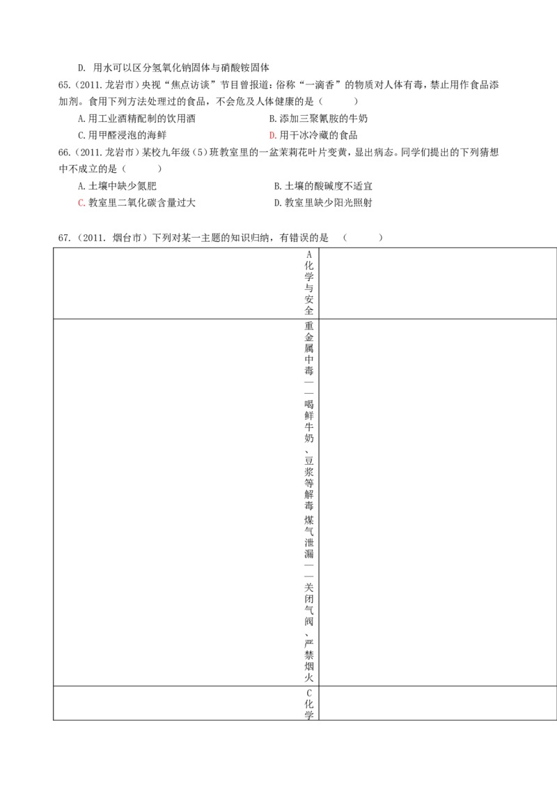 2007-2011五年全国各地中考化学试题分类汇编第十二单元化学与生活_初中化学_01.人教版初中化学_01.初中化学课件PPT--教案--试题_初中化学全套_化学试题