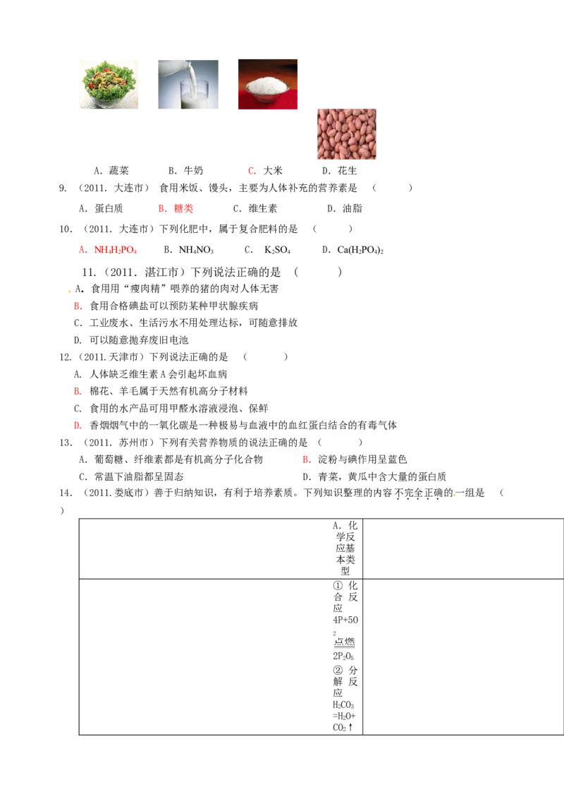 2007-2011五年全国各地中考化学试题分类汇编第十二单元化学与生活_初中化学_01.人教版初中化学_01.初中化学课件PPT--教案--试题_初中化学全套_化学试题