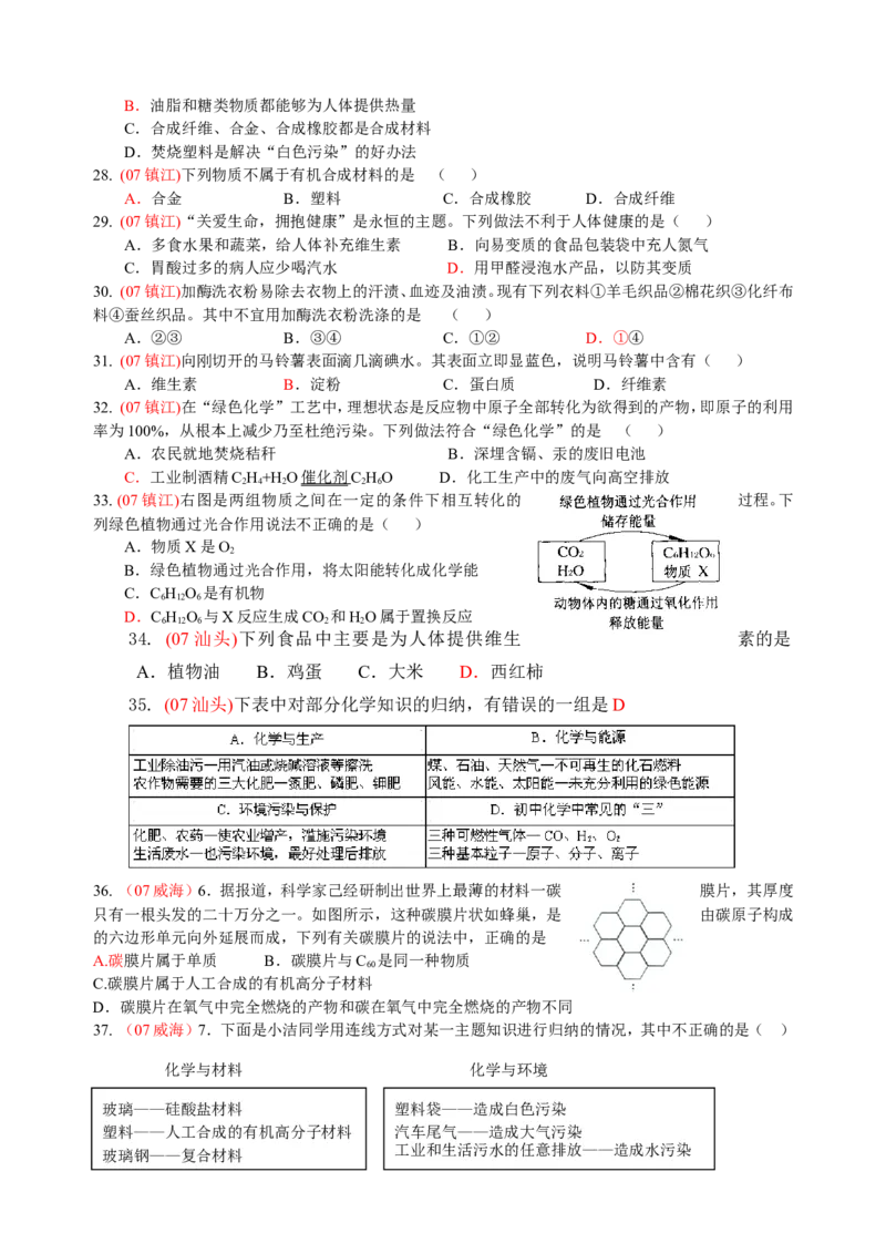 2007-2011五年全国各地中考化学试题分类汇编第十二单元化学与生活_初中化学_01.人教版初中化学_01.初中化学课件PPT--教案--试题_初中化学全套_化学试题