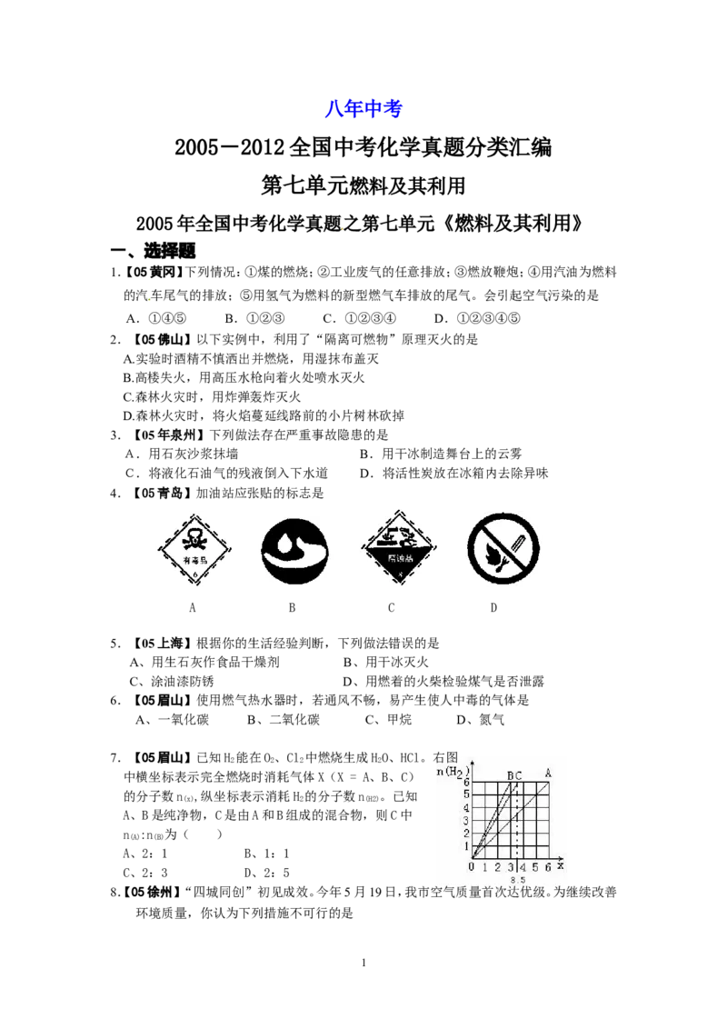 8年中考（2005-2012）全国各地中考化学真题分类汇编第7单元燃料及其利用_初中化学_01.人教版初中化学_01.初中化学课件PPT--教案--试题_初中化学全套_化学试题