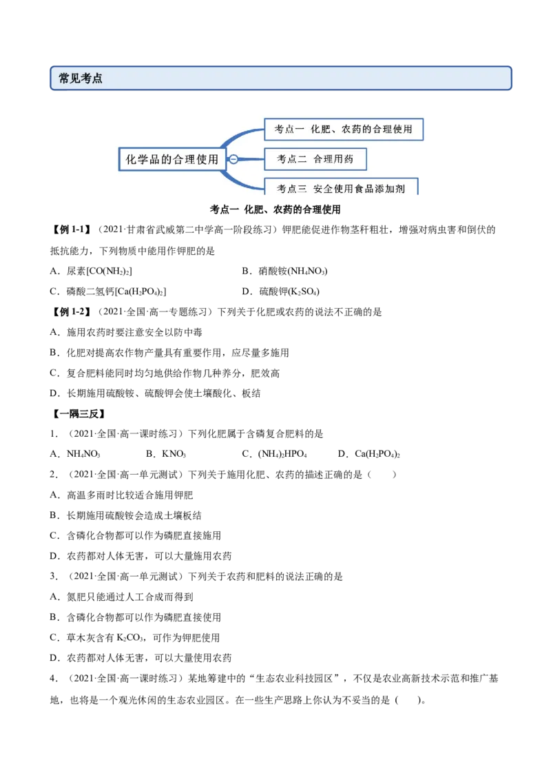 8.2化学品的合理使用（精讲）-（人教版2019必修第二册）（原卷版）_高化_595801221724高中化学新人教版选择性必修一二三电子版教案PPT课件高中试卷_必修二册（人教版）_专项练习