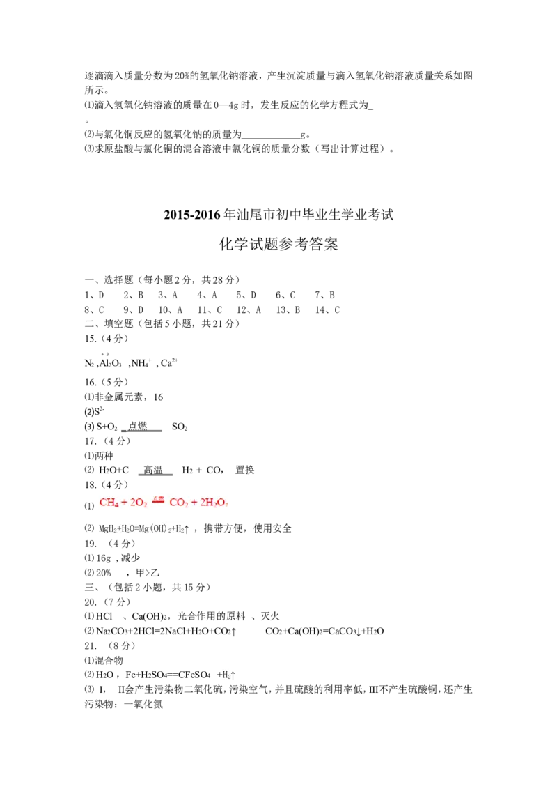 2015-2016年广东省汕尾市中考化学试题（word版含答案）_初中化学_01.人教版初中化学_01.初中化学课件PPT--教案--试题_初中化学18年试卷_人教版九年级化学下册2018