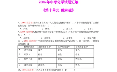 8年中考（2005-2012）全国各地中考化学真题分类汇编第10单元酸和碱_初中化学_01.人教版初中化学_01.初中化学课件PPT--教案--试题_初中化学全套_化学试题