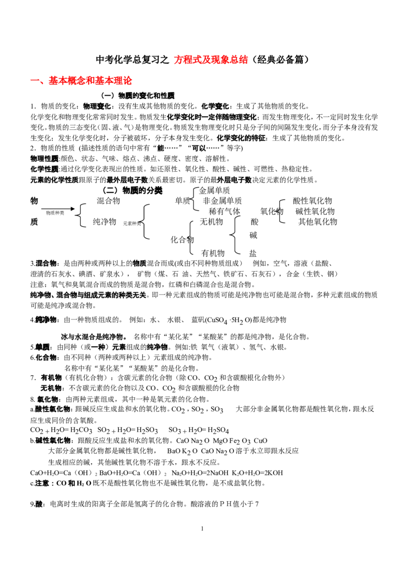 中考化学总复习之方程式及现象总结（经典必备篇）_初中化学_01.人教版初中化学_01.初中化学课件PPT--教案--试题_初中化学全套_化学教案_化学：中考化学复习必背知识整理（3份）
