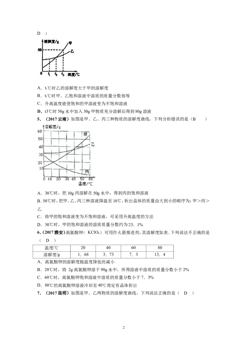 2018年中考化学一轮复习&bull;《溶解度曲线》真题练习_初中化学_01.人教版初中化学_07.初中化学中考总复习_2018年中考化学一轮复习&bull;