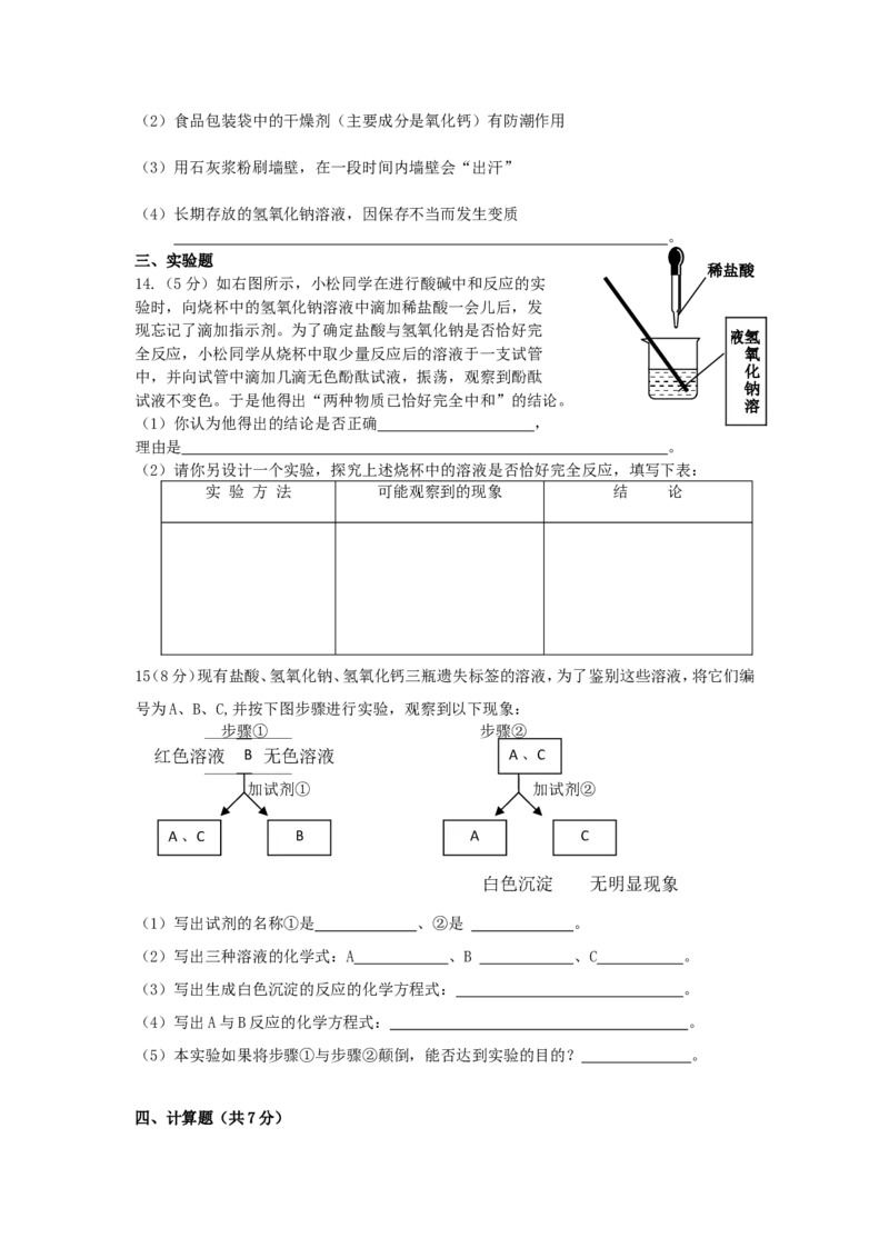 九年级化学单元检测试卷（10）酸和碱_初中化学_01.人教版初中化学_01.初中化学课件PPT--教案--试题_初中化学18年试卷_人教版九年级化学下册2018