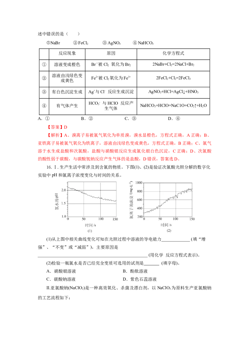 专题3氯及其化合物的应用（分层作业）-（人教版2019必修第一册）（解析版）_高化_595801221724高中化学新人教版选择性必修一二三电子版教案PPT课件高中试卷_必修一册（人教版）_分层作业