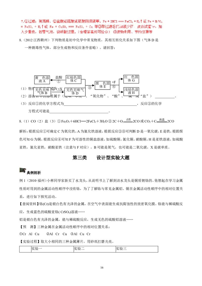 中考化学实验过关专题金属和金属性质人教版_初中化学_01.人教版初中化学_01.初中化学课件PPT--教案--试题_初中化学全套_化学试题_化学：中考化学实验与实验操作测试题(10份)