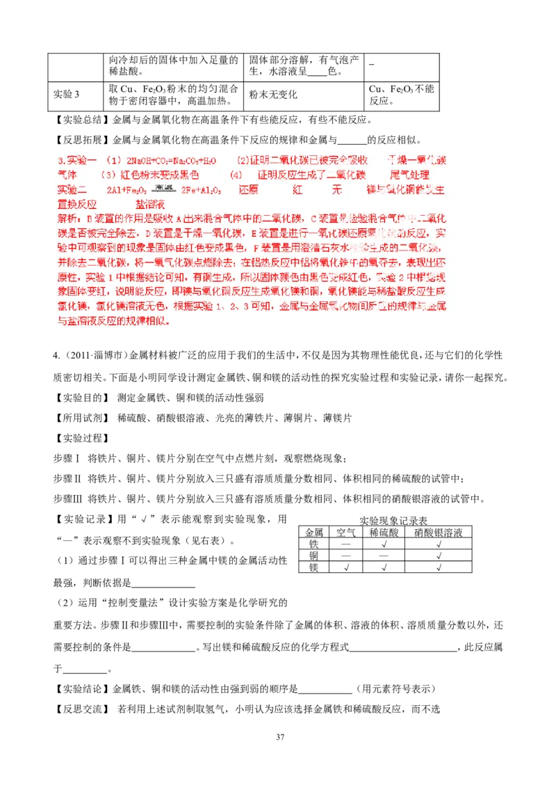 中考化学实验过关专题金属和金属性质人教版_初中化学_01.人教版初中化学_01.初中化学课件PPT--教案--试题_初中化学全套_化学试题_化学：中考化学实验与实验操作测试题(10份)
