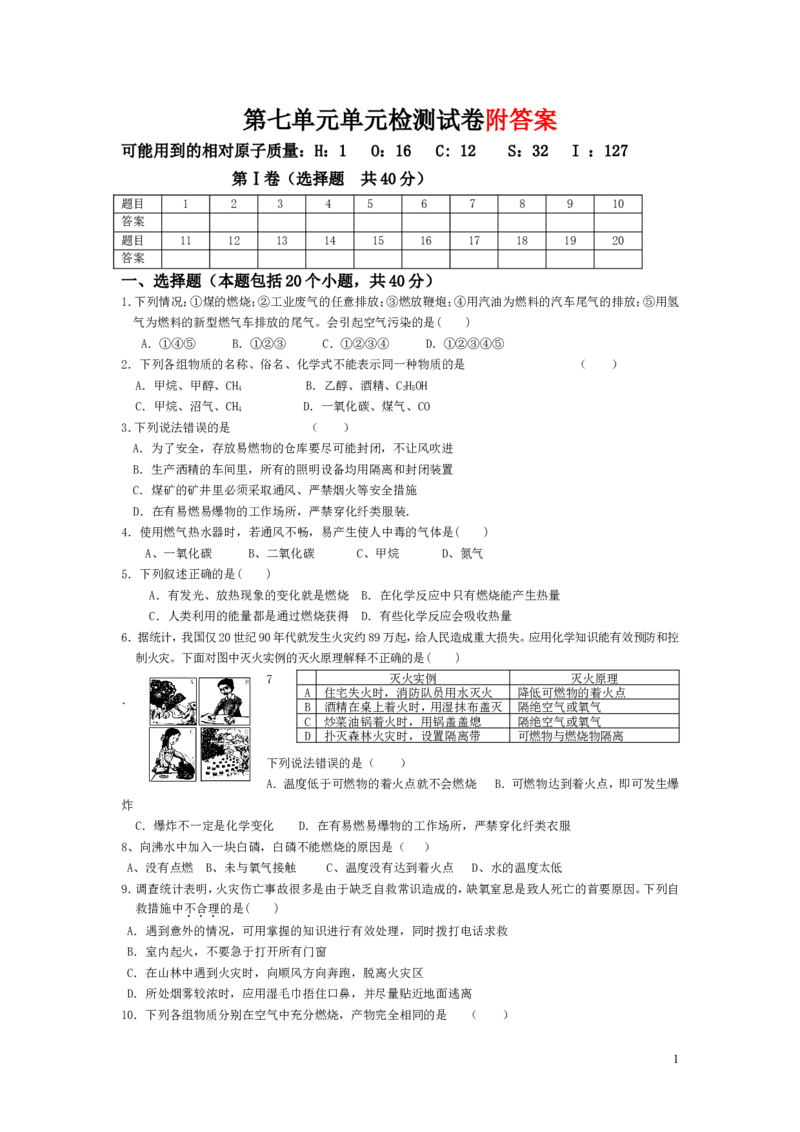 人教版初中化学第七单元燃料及其利用单元测试题及答案(一)_初中化学_01.人教版初中化学_01.初中化学课件PPT--教案--试题_初中化学&mdash;课件&mdash;教案&mdash;试题-推荐_9年级上课件教案试题