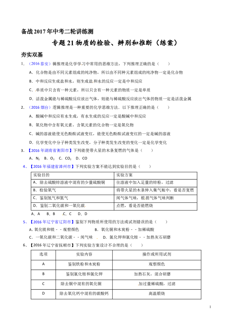 专题21物质的检验、辨别和推断（练）-备战2017年中考化学二轮复习讲练测（原卷版）_初中化学_01.人教版初中化学_07.初中化学中考总复习