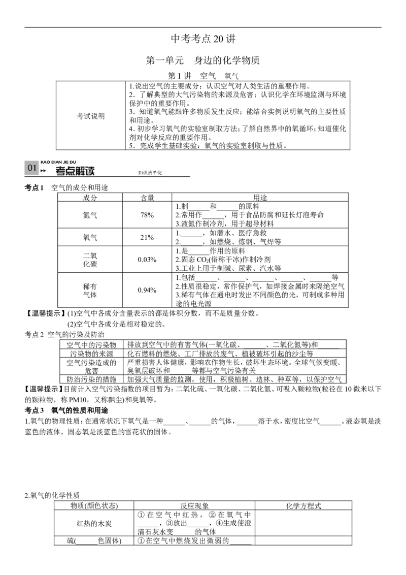 2018年中考复习化学考点解读：第1讲空气氧气_初中化学_01.人教版初中化学_07.初中化学中考总复习_2018年中考复习化学考点解读