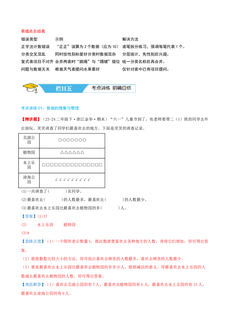 第八讲调查与记录（导图+知识精讲+易错点拨+1个考点讲练+难度分层练共24题）-（教师版）_26春北师大版数学二下_19、赠送其它资料_二年级数学下册（北师大版）_旧版_母题专项练习-K34