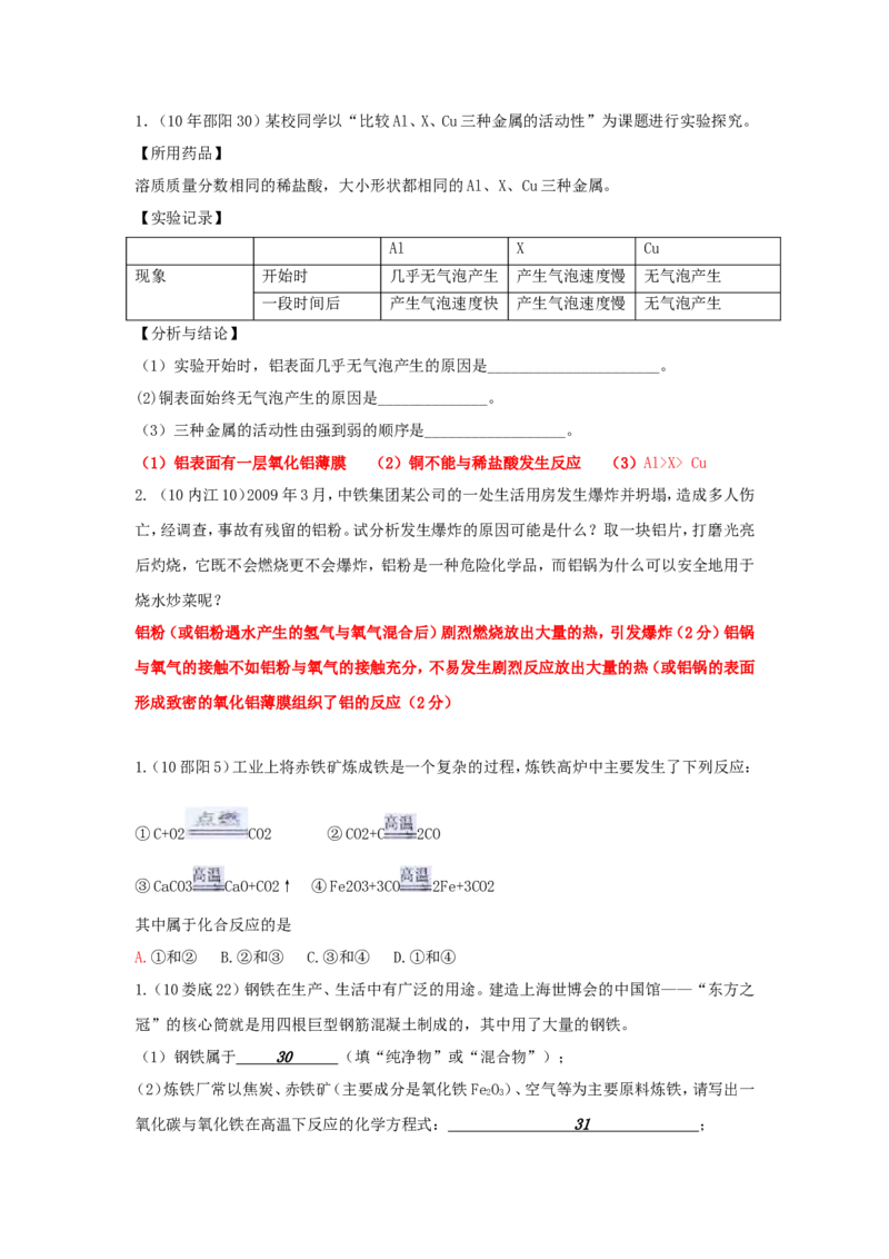 2007-2011五年全国各地中考化学试题分类汇编第八单元金属和金属材料_初中化学_01.人教版初中化学_01.初中化学课件PPT--教案--试题_初中化学全套_化学试题