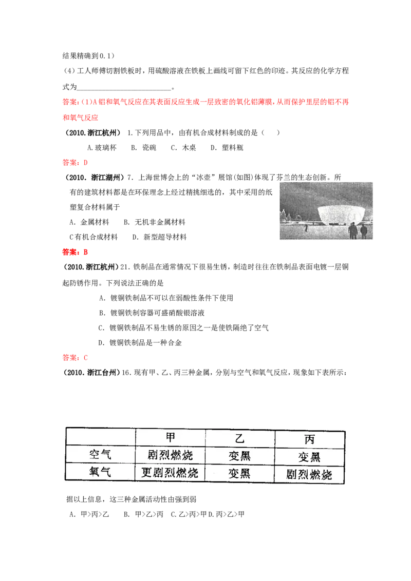 2007-2011五年全国各地中考化学试题分类汇编第八单元金属和金属材料_初中化学_01.人教版初中化学_01.初中化学课件PPT--教案--试题_初中化学全套_化学试题