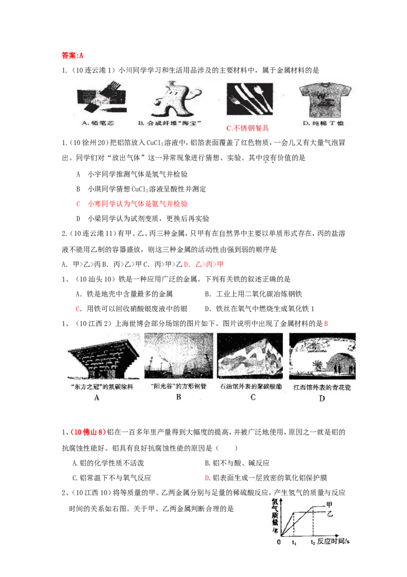 2007-2011五年全国各地中考化学试题分类汇编第八单元金属和金属材料_初中化学_01.人教版初中化学_01.初中化学课件PPT--教案--试题_初中化学全套_化学试题