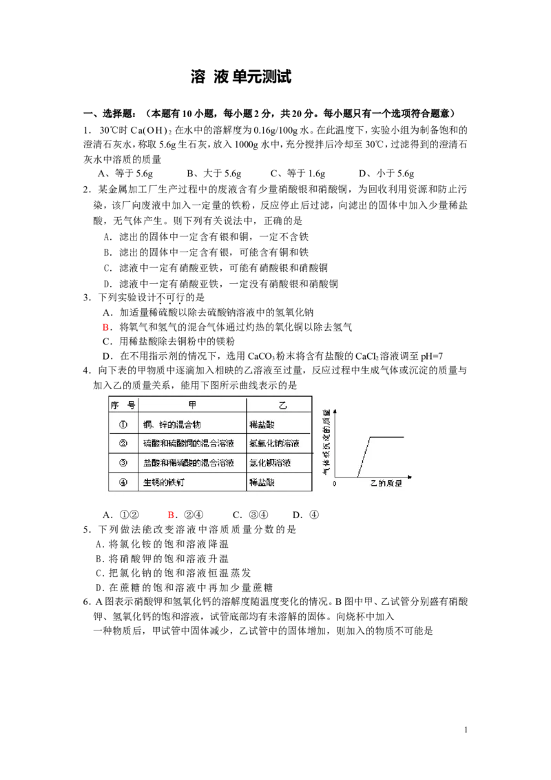 初三化学试题：人教版第九章溶液单元试题_初中化学_01.人教版初中化学_01.初中化学课件PPT--教案--试题_初中化学&mdash;课件&mdash;教案&mdash;试题-推荐_9年级下课件教案试题_9年级下试题