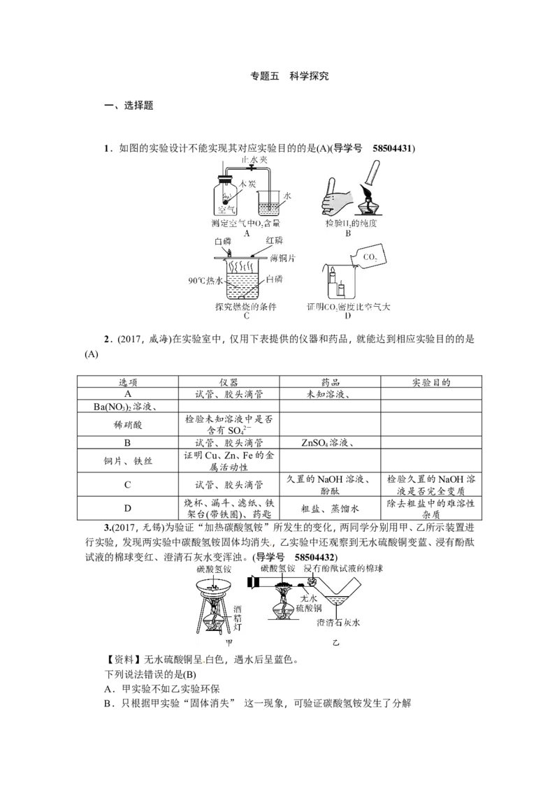 专题五科学探究_初中化学_01.人教版初中化学_07.初中化学中考总复习_2018年（聚焦新中考）人教版_2018年（聚焦新中考）人教版第2篇考点跟踪专题突破练习全套