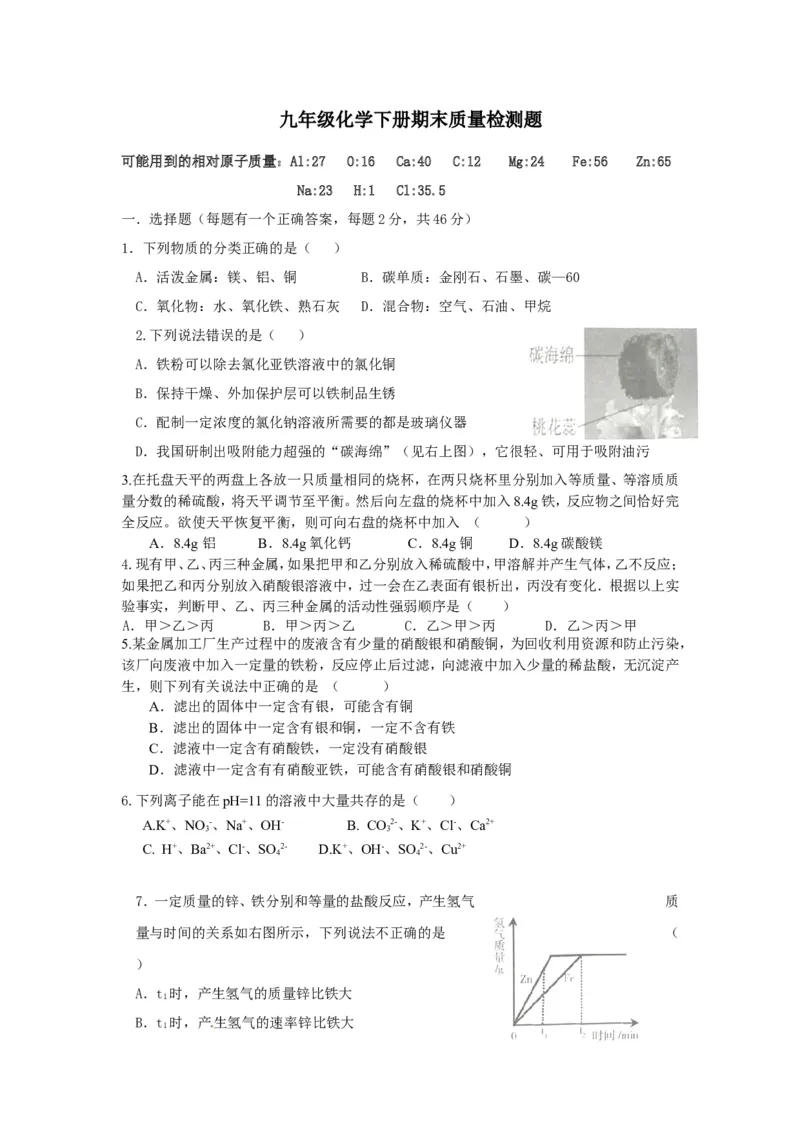 2017-2018学年垦利区郝家镇中学九年级化学下册期末检测试题_初中化学_01.人教版初中化学_01.初中化学课件PPT--教案--试题_初中化学18年试卷_人教版九年级化学下册2018
