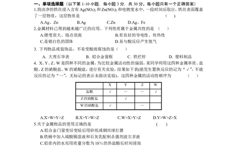 专题5《金属和金属材料》综合检测_初中化学_01.人教版初中化学_01.初中化学课件PPT--教案--试题_初中化学全套_化学试题_化学：中考化学专题攻关专测及答案（10份）