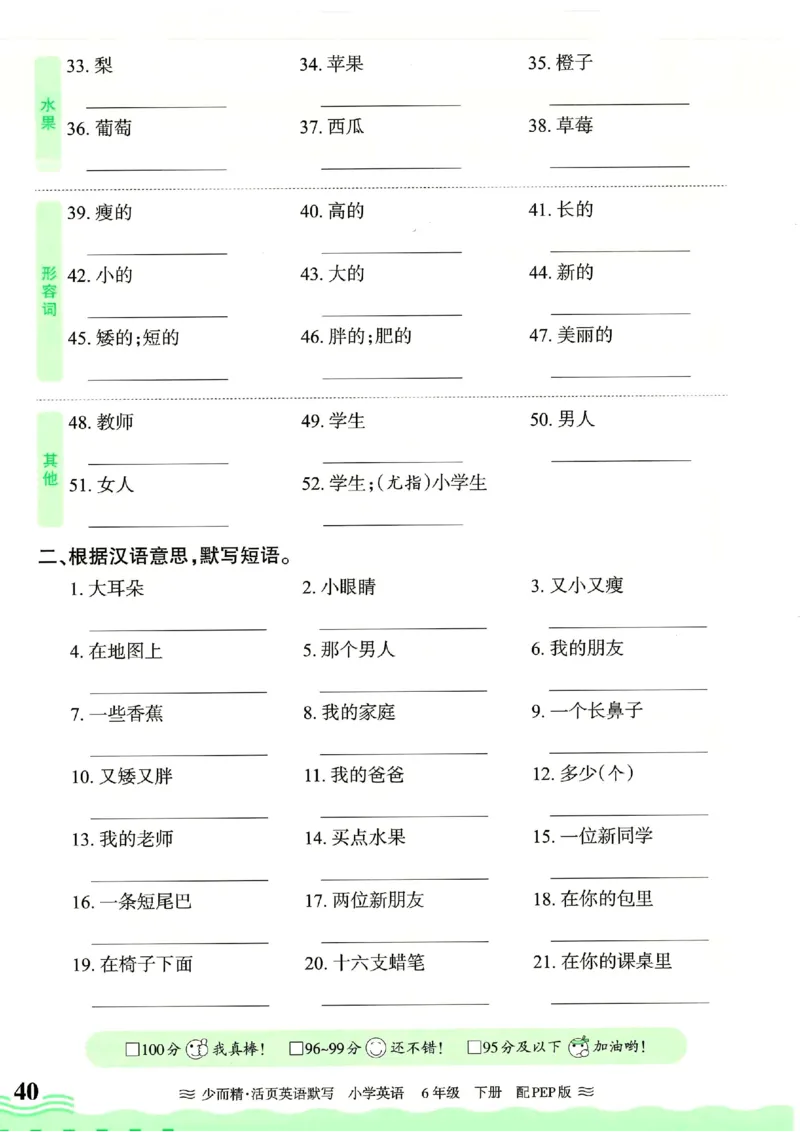25春王朝霞活页默写人教英语6下_26春四年级上下册人教版_四上英语合集人教版PEP英语四年级上册新教材（教学视频+课件+动画+音频+练习+教案）_17练习资料_《王朝霞活页默写》25春