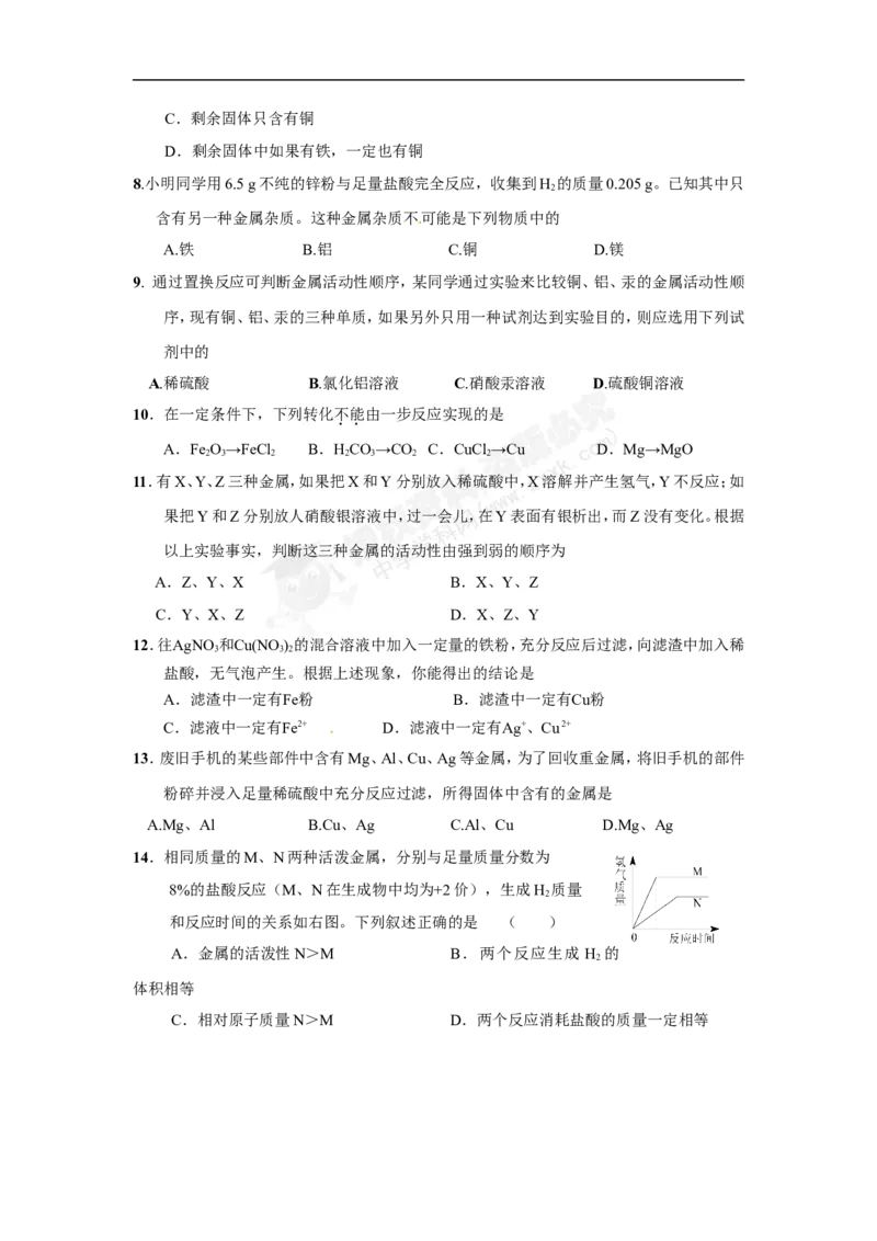 （人教版）九年级下册：第8单元金属和金属材料单元测试题及答案1_初中化学_01.人教版初中化学_01.初中化学课件PPT--教案--试题_初中化学18年试卷_人教版九年级化学下册2018