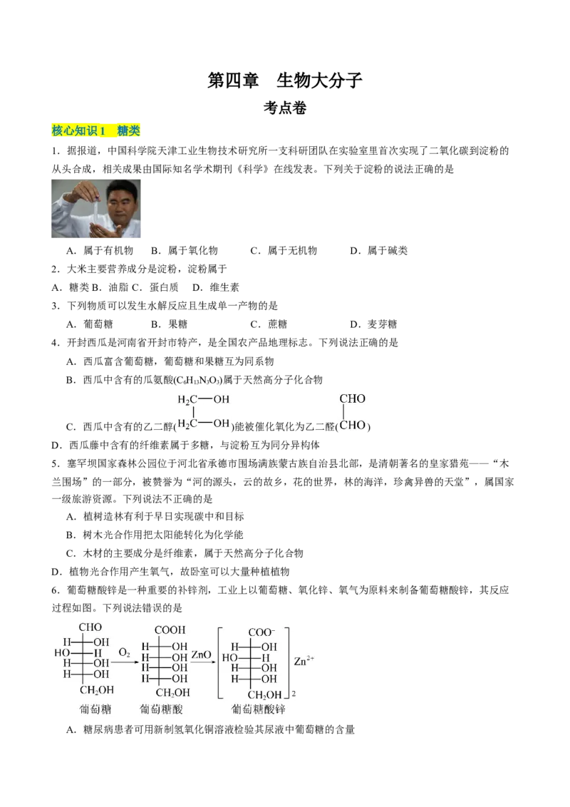 第四章生物大分子单元测试&middot;考点卷-（人教版2019选择性必修3）（原卷版）_高化_595801221724高中化学新人教版选择性必修一二三电子版教案PPT课件高中试卷_选择性必修3册（人教版）