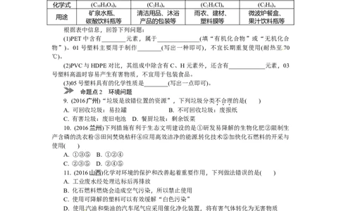 满分特训2018年中考化学专题复习分类集训专题十七　化学材料　保护好我们的环境_初中化学_01.人教版初中化学_07.初中化学中考总复习