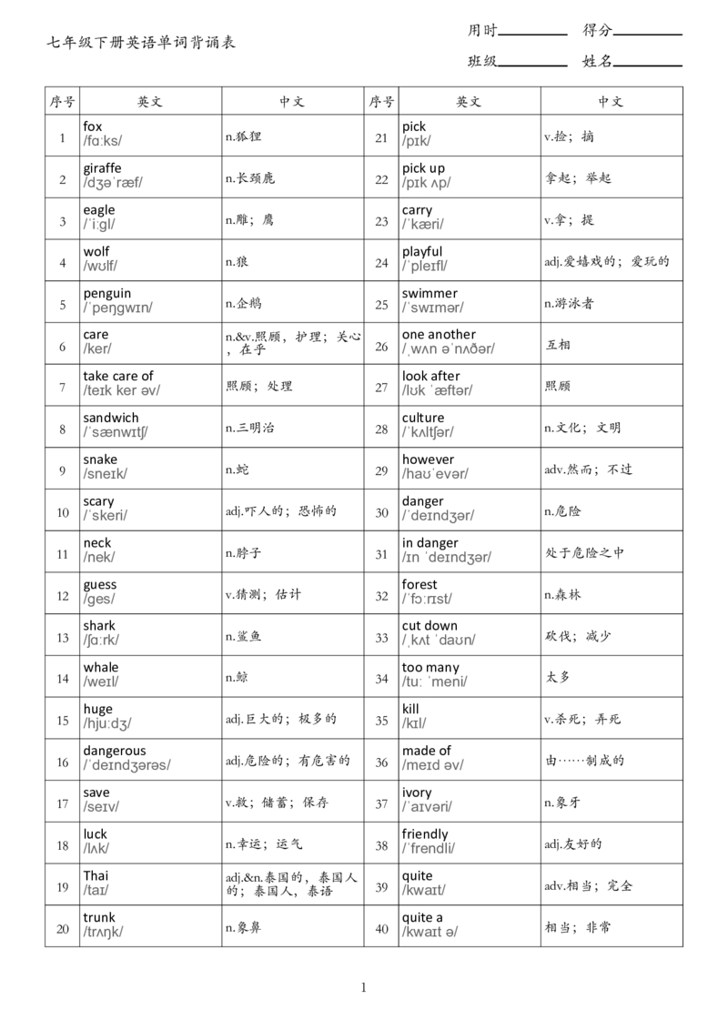七下单词背诵表_单词默写表人教7下（新版）