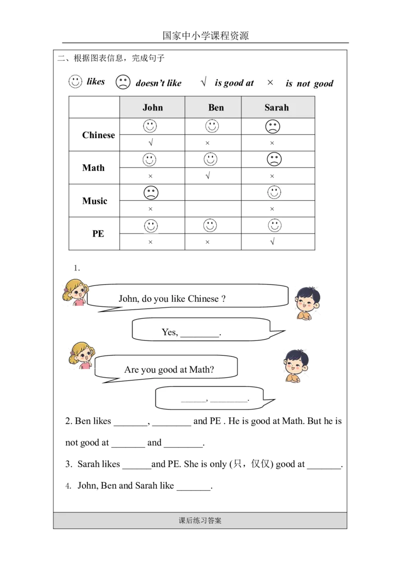 18Unit6WhatsubjectsdotheyhavethismorningPartB_国家课_课后练习_26春四年级上下册人教版_四上英语合集人教版PEP英语四年级上册新教材（教学视频+课件+动画+音频+练习+教案）_17练习资料