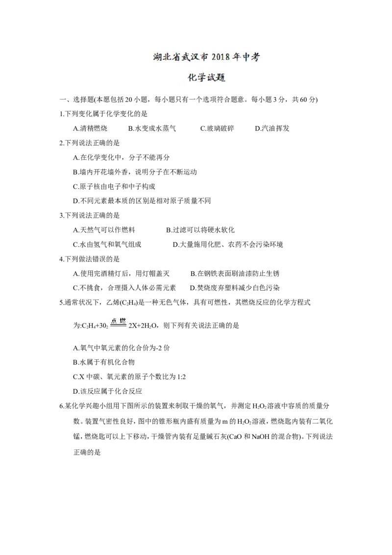 湖北省武汉市2018年中考化学试题（word版，含答案）_初中化学_01.人教版初中化学_06.初中化学中考真题