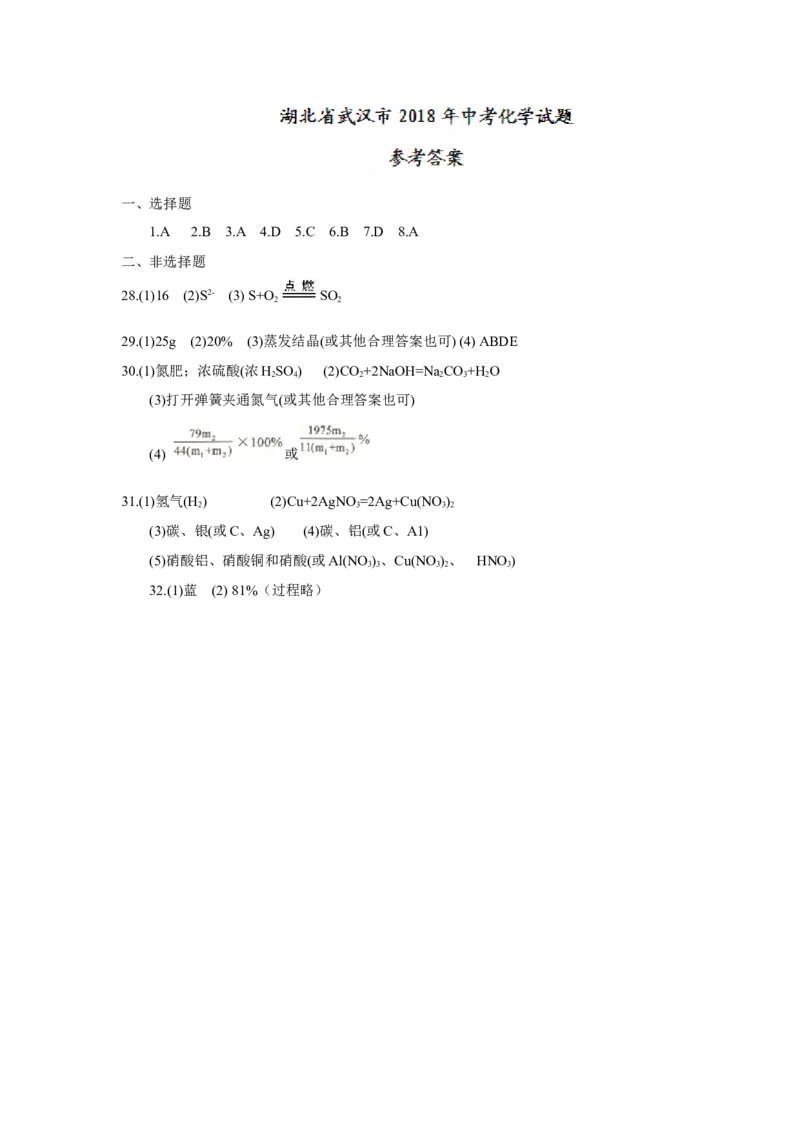 湖北省武汉市2018年中考化学试题（word版，含答案）_初中化学_01.人教版初中化学_06.初中化学中考真题