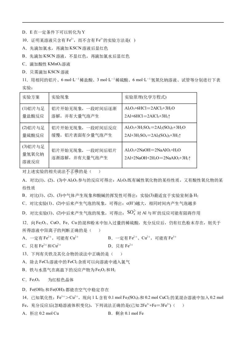 第三章铁金属材料过关测试提高卷-2020-2021学年高一化学单元复习一遍过（人教版2019必修第一册）（原卷版）_高化_2025春-人教版高中化学_01新版高中化学必修一_6.期末复习