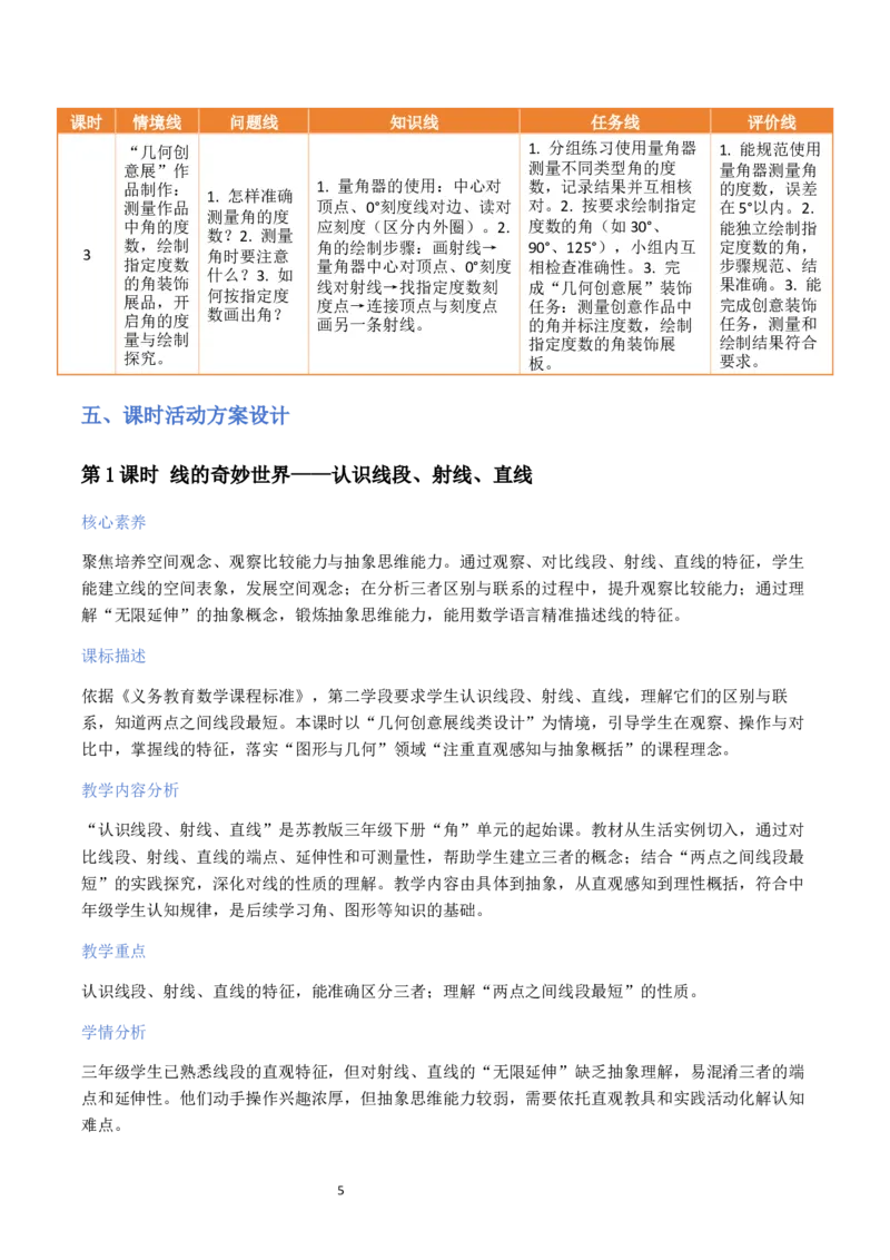第1单元角（大单元整体教学设计）数学苏教版三年级数学下册（新教材）_A151三年级下册数学（苏教版）_2026春新版_第二套_04大单元教学设计