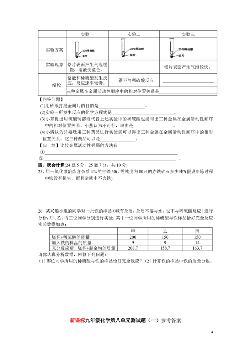 新课标九年级化学第八单元测试题(二)(含答案)_初中化学_01.人教版初中化学_01.初中化学课件PPT--教案--试题_初中化学&mdash;课件&mdash;教案&mdash;试题-推荐_9年级下课件教案试题_9年级下试题