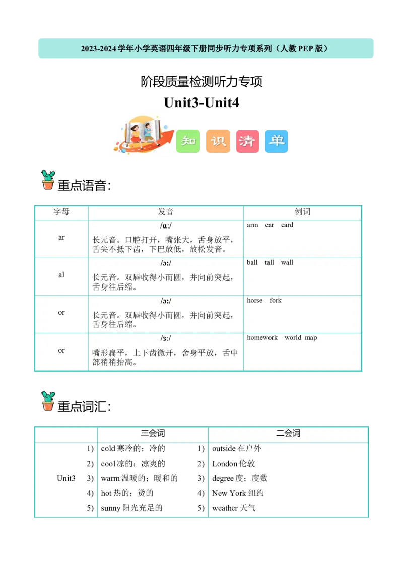 U3-U4阶段质量检测听力专项-2023-2024学年小学英语四年级下册同步听力专项系列（人教PEP版）_2026春人教四下_29赠送其它资料_旧版四下资料包_听力专项练习-T4_2024版