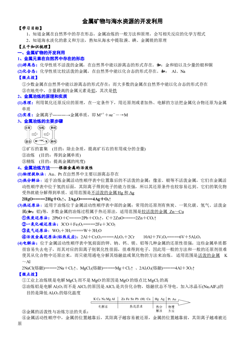 课时8.1.1金属矿物与海水资源的开发利用-2020-2021学年高一化学必修第二册精品讲义（新教材人教版）_高化_2025春-人教版高中化学_02新版高中化学必修二_7.精品讲义