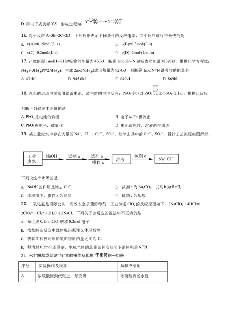 精品解析：北京市人大附中朝阳学校2019~2020年高一下学期阶段练习化学试题（选考班）（原卷版）_高化_2025春-人教版高中化学_02新版高中化学必修二_5.试卷习题_期中期末真题