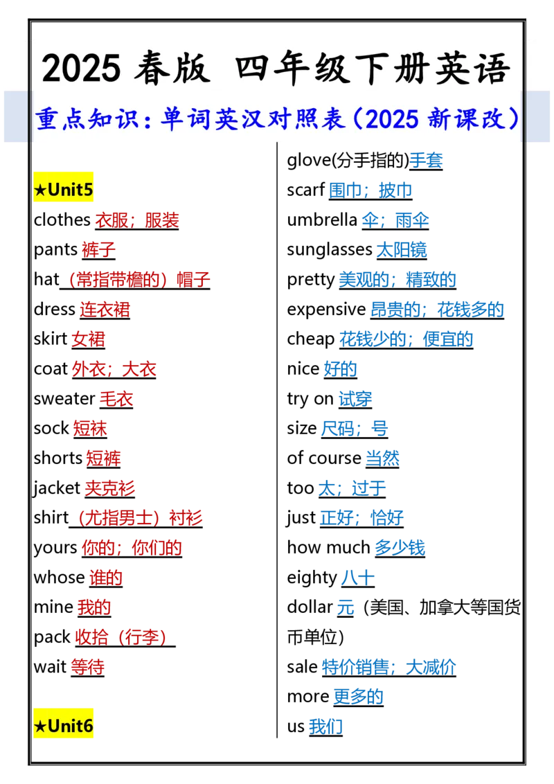 2025春新版四年级下册英语重点知识：单词英汉对照表_26春四年级上下册人教版_四上英语合集人教版PEP英语四年级上册新教材（教学视频+课件+动画+音频+练习+教案）_20知识点总结