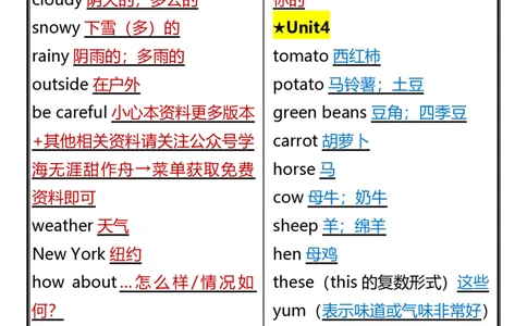 2025春新版四年级下册英语重点知识：单词英汉对照表_26春四年级上下册人教版_四上英语合集人教版PEP英语四年级上册新教材（教学视频+课件+动画+音频+练习+教案）_20知识点总结
