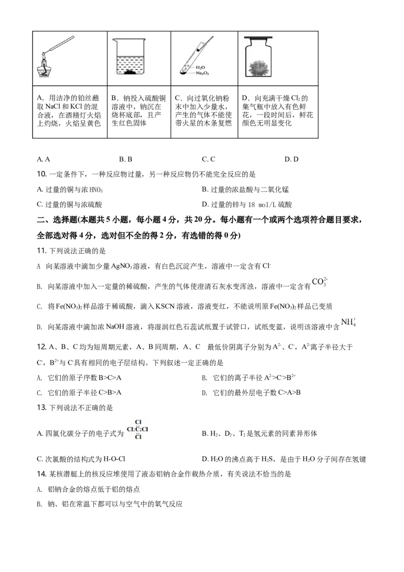 精品解析：湖南省长沙市一中2020-2021学年高一上学期期末考试化学试题（原卷版）_高化_2025春-人教版高中化学_01新版高中化学必修一_4.习题试卷_名校真题