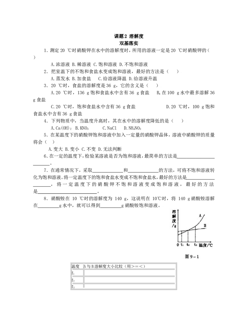 化学：人教新课标九年级下册第九单元课题2溶解度（测试卷）_初中化学_01.人教版初中化学_01.初中化学课件PPT--教案--试题_初中化学18年试卷_人教版九年级化学下册2018
