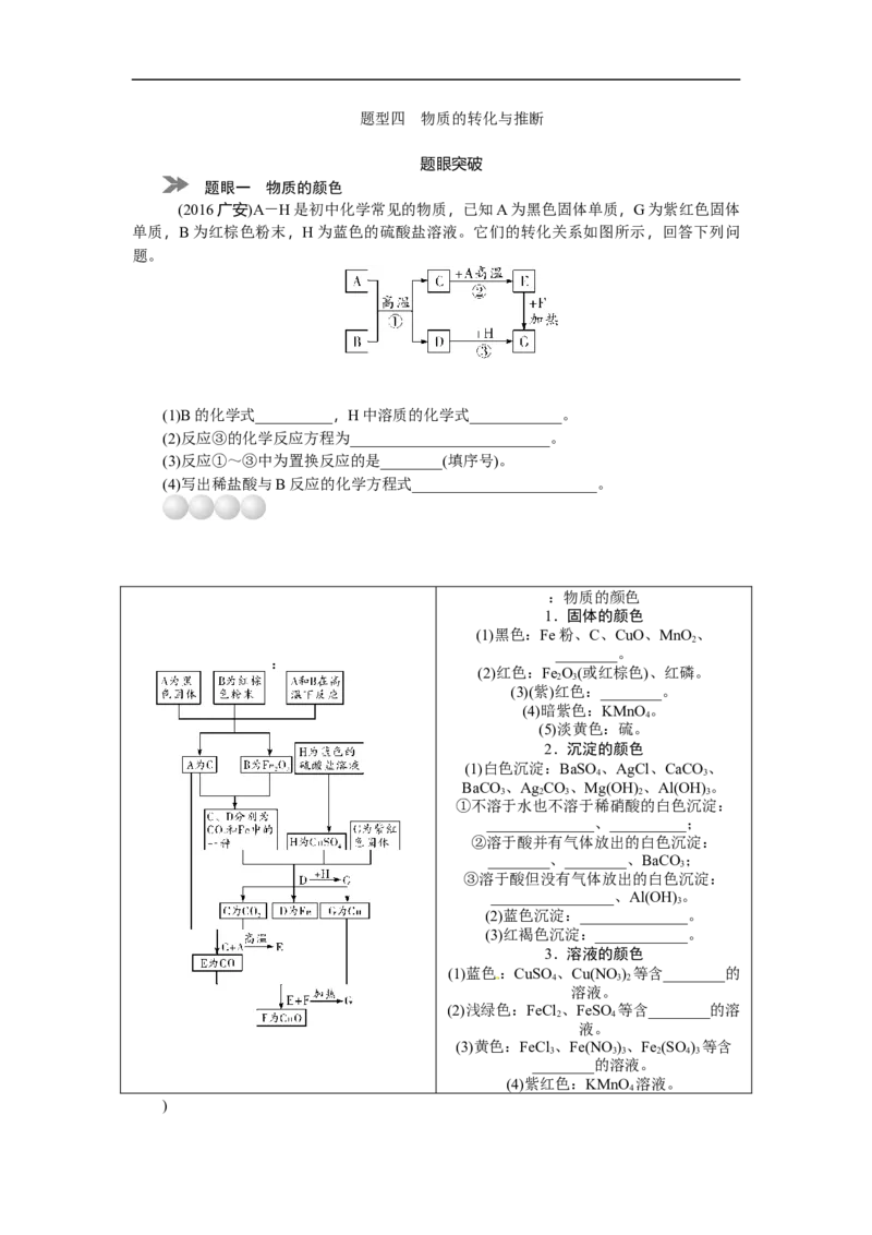 满分特训2018年中考化学专题复习重点题型突破题型四物质的转化与推断_初中化学_01.人教版初中化学_07.初中化学中考总复习_满分特训2018年中考化学专题复习分类集训