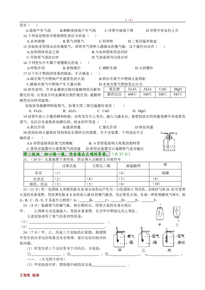 单元检测（2）_初中化学_01.人教版初中化学_01.初中化学课件PPT--教案--试题_初中化学18年试卷_人教版九年级化学上册2018_九年化学（人教版上册）练习册人(全单元期中期末)