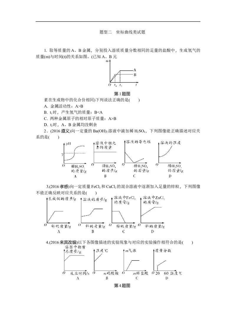 满分特训2018年中考化学专题复习重点题型突破题型二　坐标曲线类试题_初中化学_01.人教版初中化学_07.初中化学中考总复习_满分特训2018年中考化学专题复习分类集训